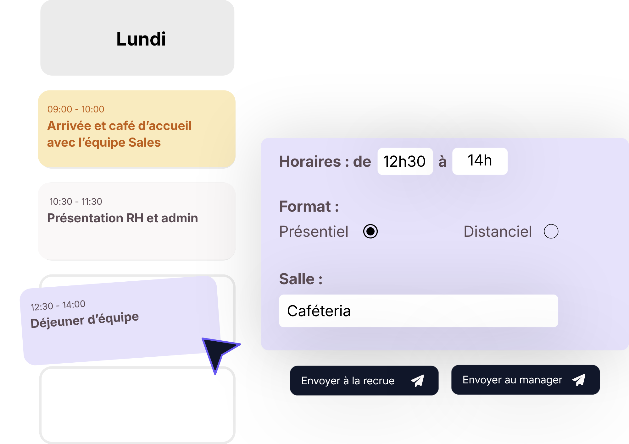 Le planning d'int&eacute;gration re&ccedil;u par la recrue d&egrave;s son arriv&eacute;e : &eacute;tapes, rendez-vous et interlocuteurs, jour par jour