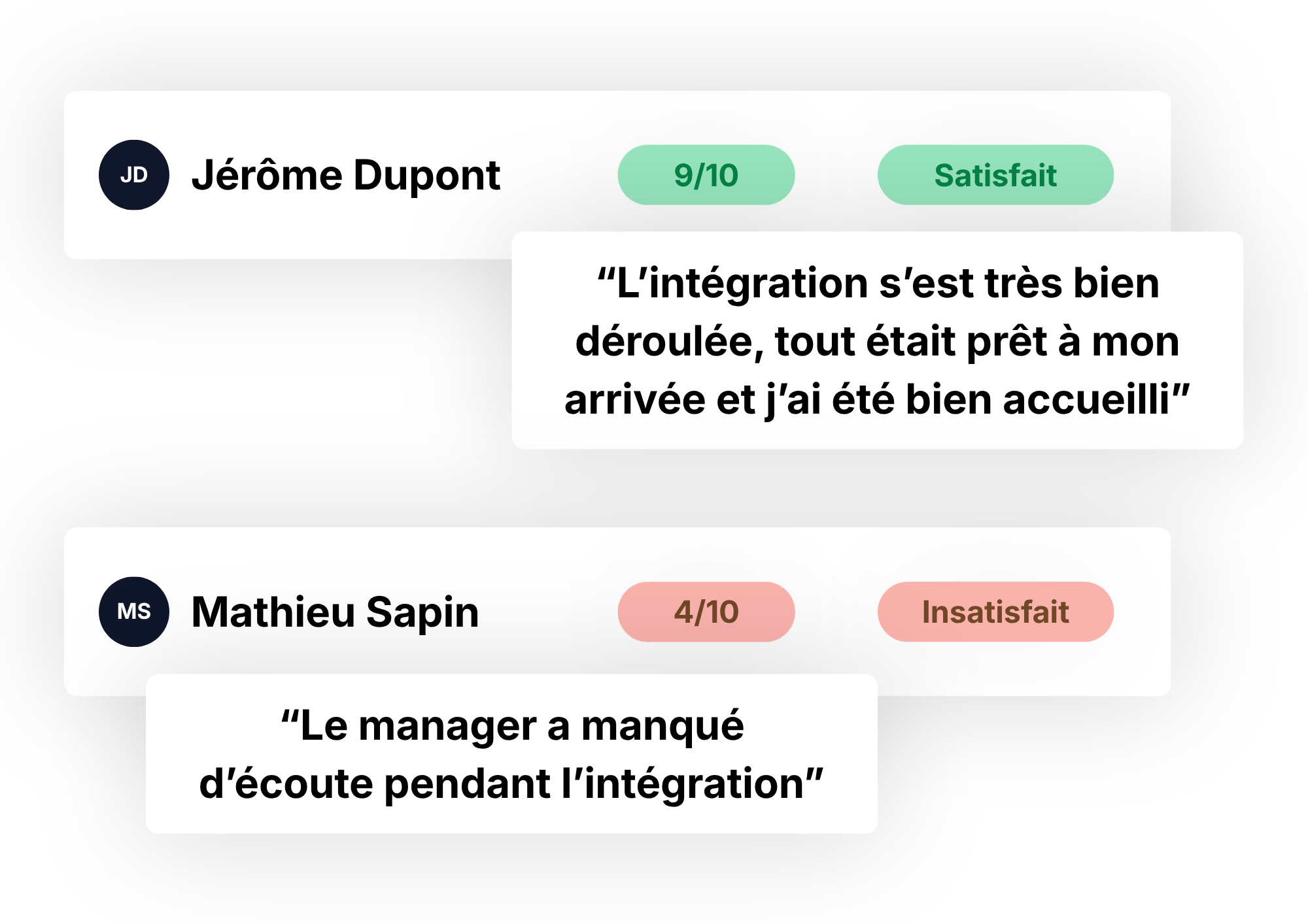 R&eacute;partition de la satisfaction des recrues : satisfaits, neutres, insatisfaits, et satisfaction des collaborateurs
